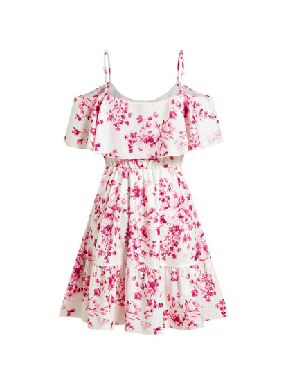 SHEIN Clasi Romantic Flower And Plant Printed Off-The-Shoulder Ruffle Strap Vacation Summer Dress Dresses Graduation,Summer Dresses For Women