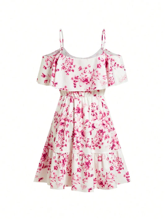 SHEIN Clasi Romantic Flower And Plant Printed Off-The-Shoulder Ruffle Strap Vacation Summer Dress Dresses Graduation,Summer Dresses For Women