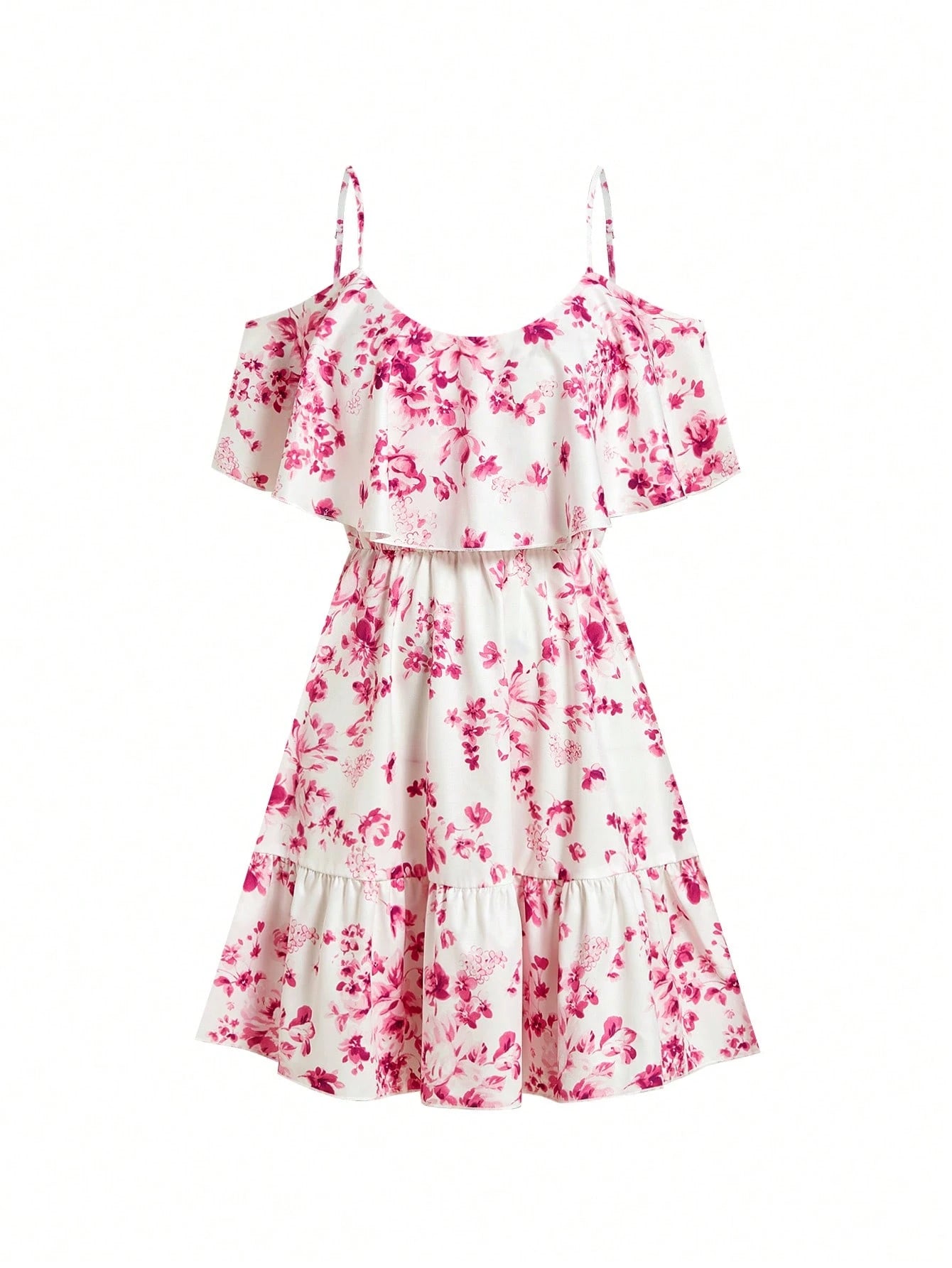 SHEIN Clasi Romantic Flower And Plant Printed Off-The-Shoulder Ruffle Strap Vacation Summer Dress Dresses Graduation,Summer Dresses For Women