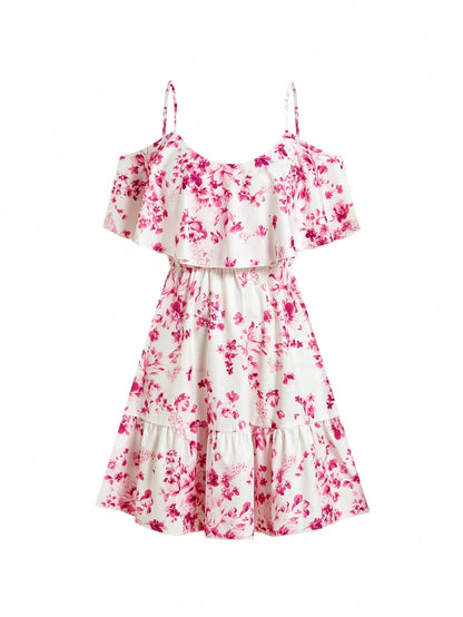 SHEIN Clasi Romantic Flower And Plant Printed Off-The-Shoulder Ruffle Strap Vacation Summer Dress Dresses Graduation,Summer Dresses For Women