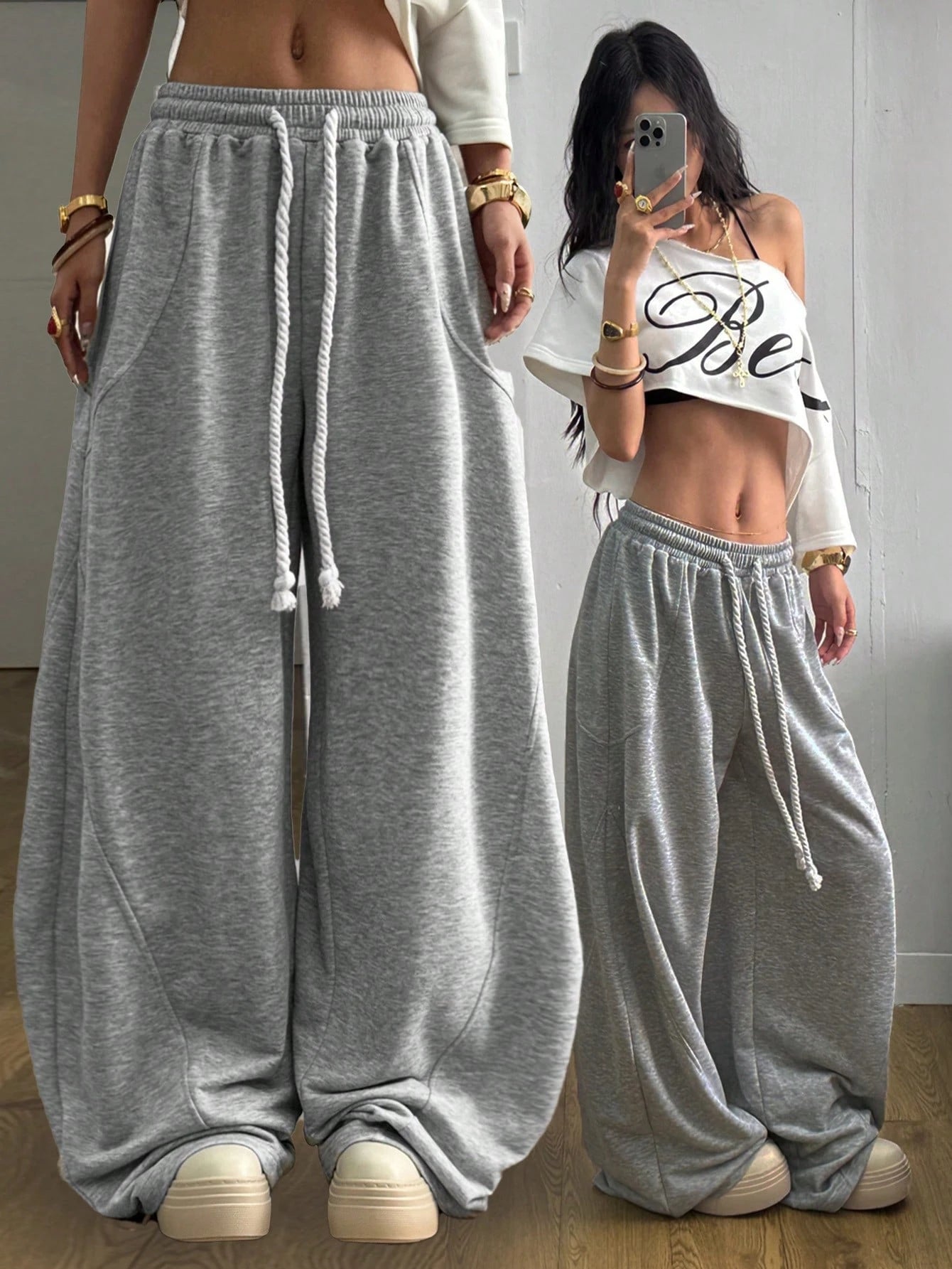 Coolane Women's Fall/Winter Streetwear Going Out Back To School Break Oversized Elastic Waistband Comfortable Grey Scimitar Pants