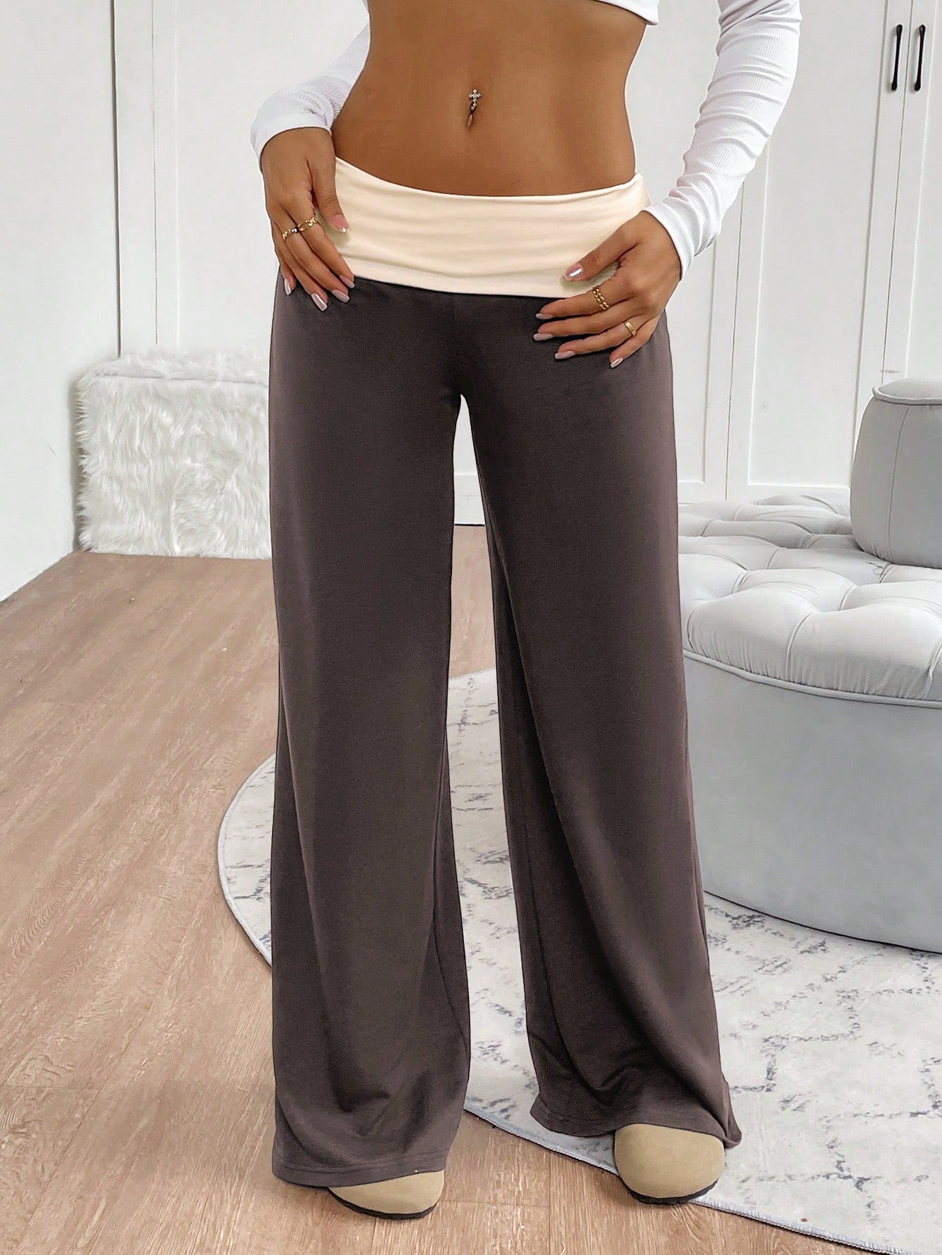 INAWLY Women's Casual Contrast Foldover Waist Wide Leg Sweatpants Graduation,Back To School Outfits,Graduation,Teacher Outfits For Women,Back To School Fall Cloth For Women