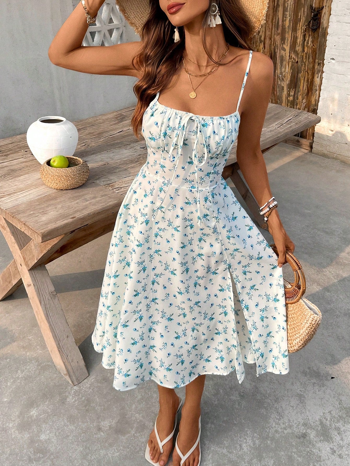 Breezaya Women's Long Ditsy Floral Slip Dress, Backless, Slit, Figure-Flattering, Stylish For Party/Date