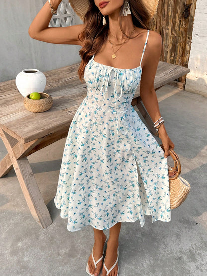 Breezaya Women's Long Ditsy Floral Slip Dress, Backless, Slit, Figure-Flattering, Stylish For Party/Date