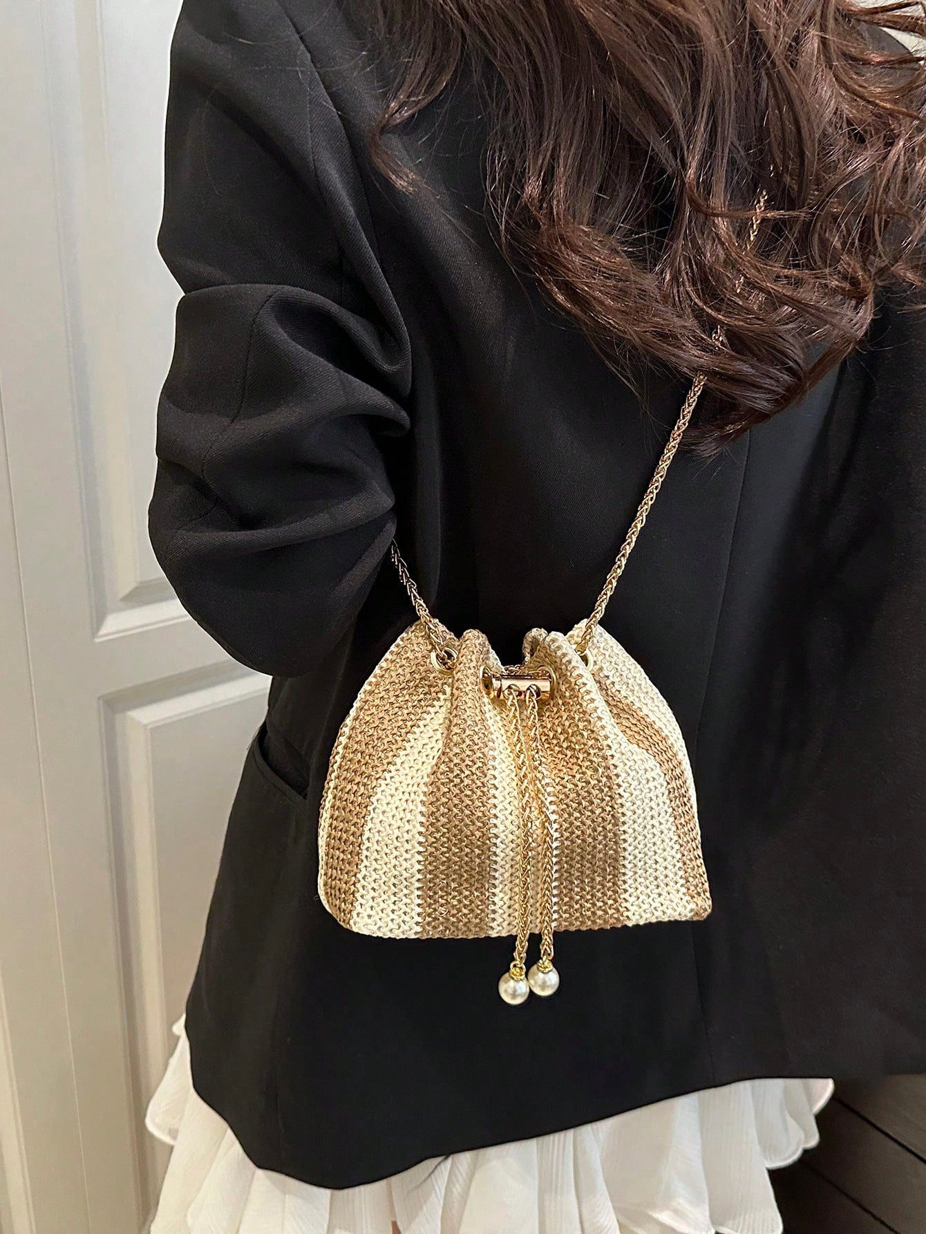 Fashion Solid Color Hollow Out Woven Chain Drawstring Mini Crossbody Bucket Bag
