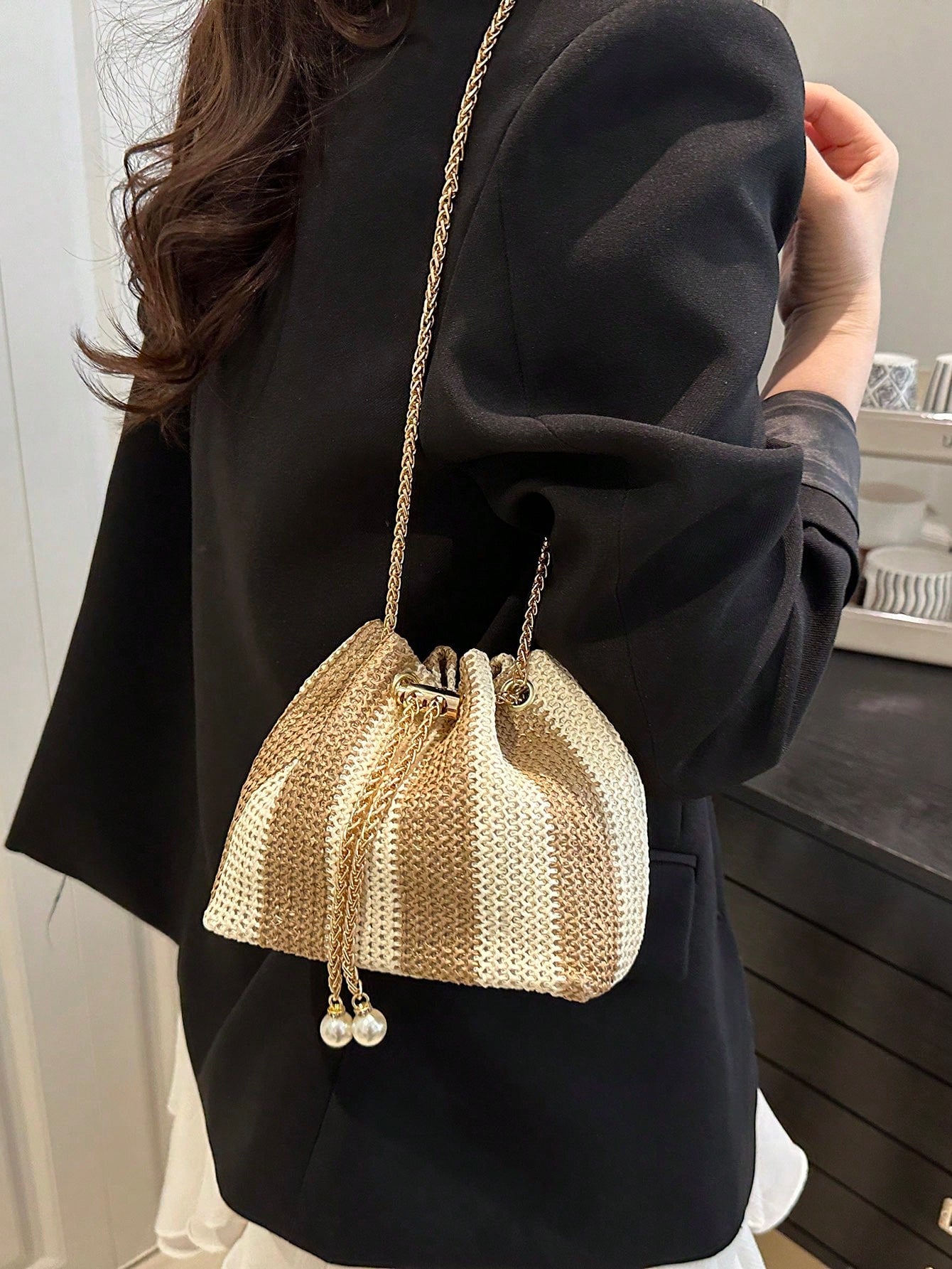 Fashion Solid Color Hollow Out Woven Chain Drawstring Mini Crossbody Bucket Bag