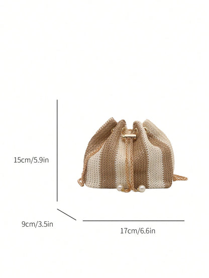 Fashion Solid Color Hollow Out Woven Chain Drawstring Mini Crossbody Bucket Bag