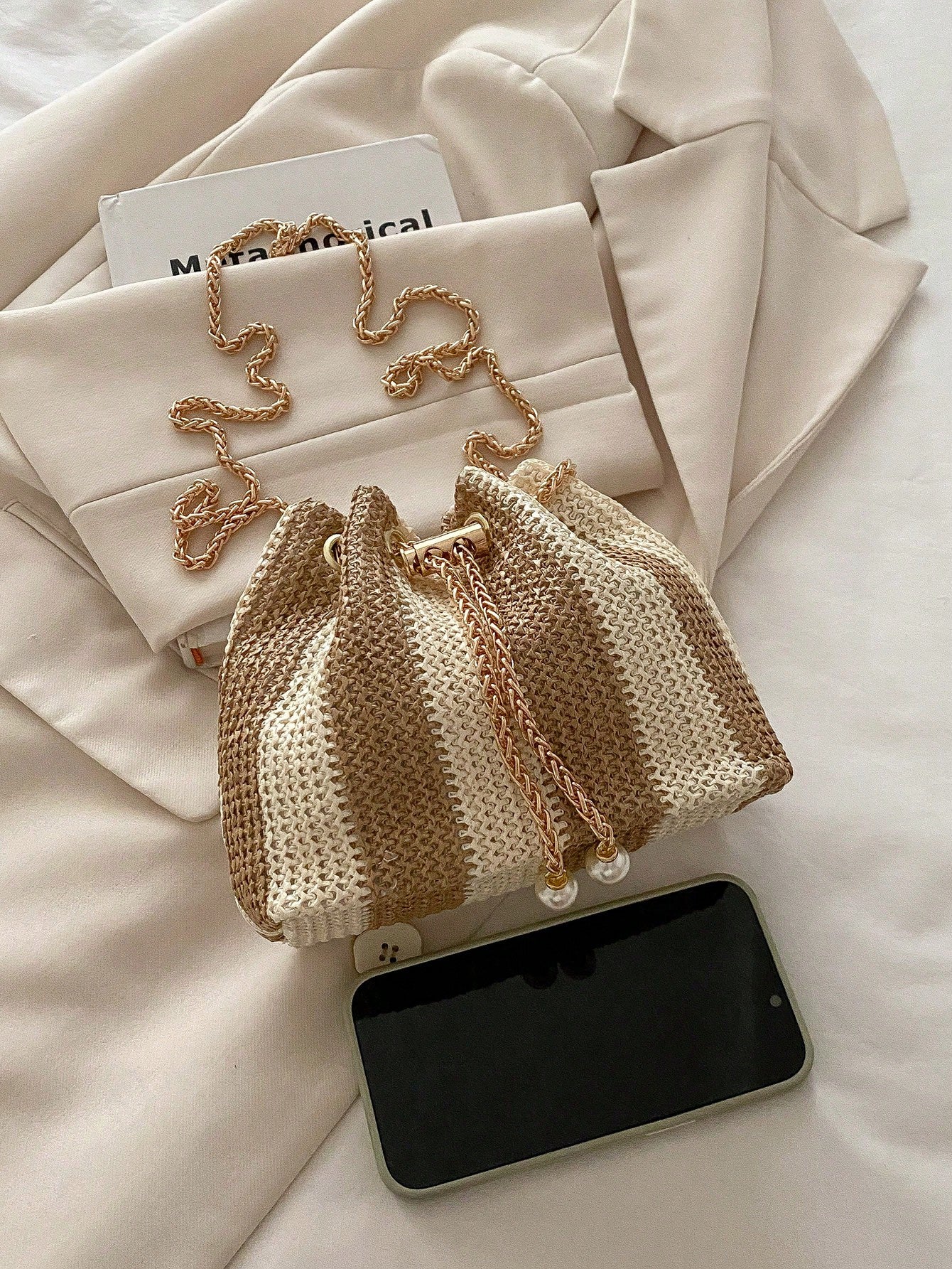 Fashion Solid Color Hollow Out Woven Chain Drawstring Mini Crossbody Bucket Bag