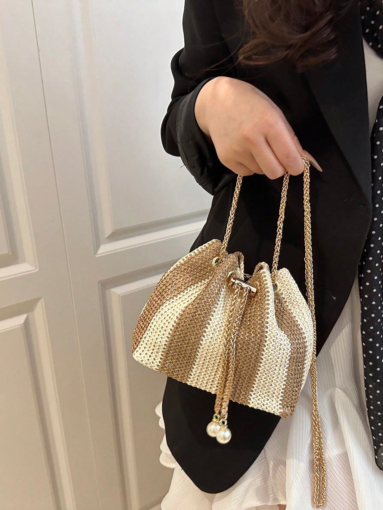 Fashion Solid Color Hollow Out Woven Chain Drawstring Mini Crossbody Bucket Bag