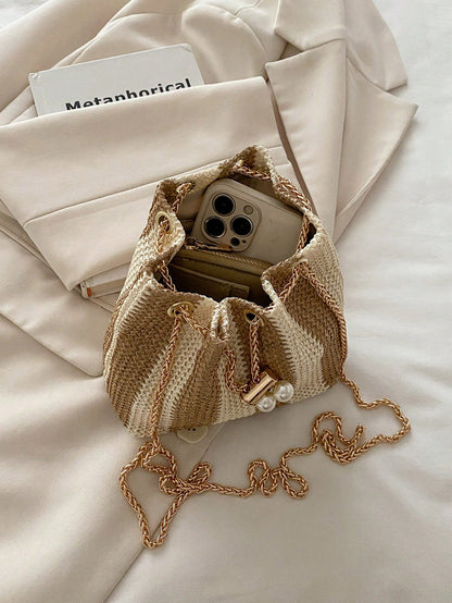 Fashion Solid Color Hollow Out Woven Chain Drawstring Mini Crossbody Bucket Bag