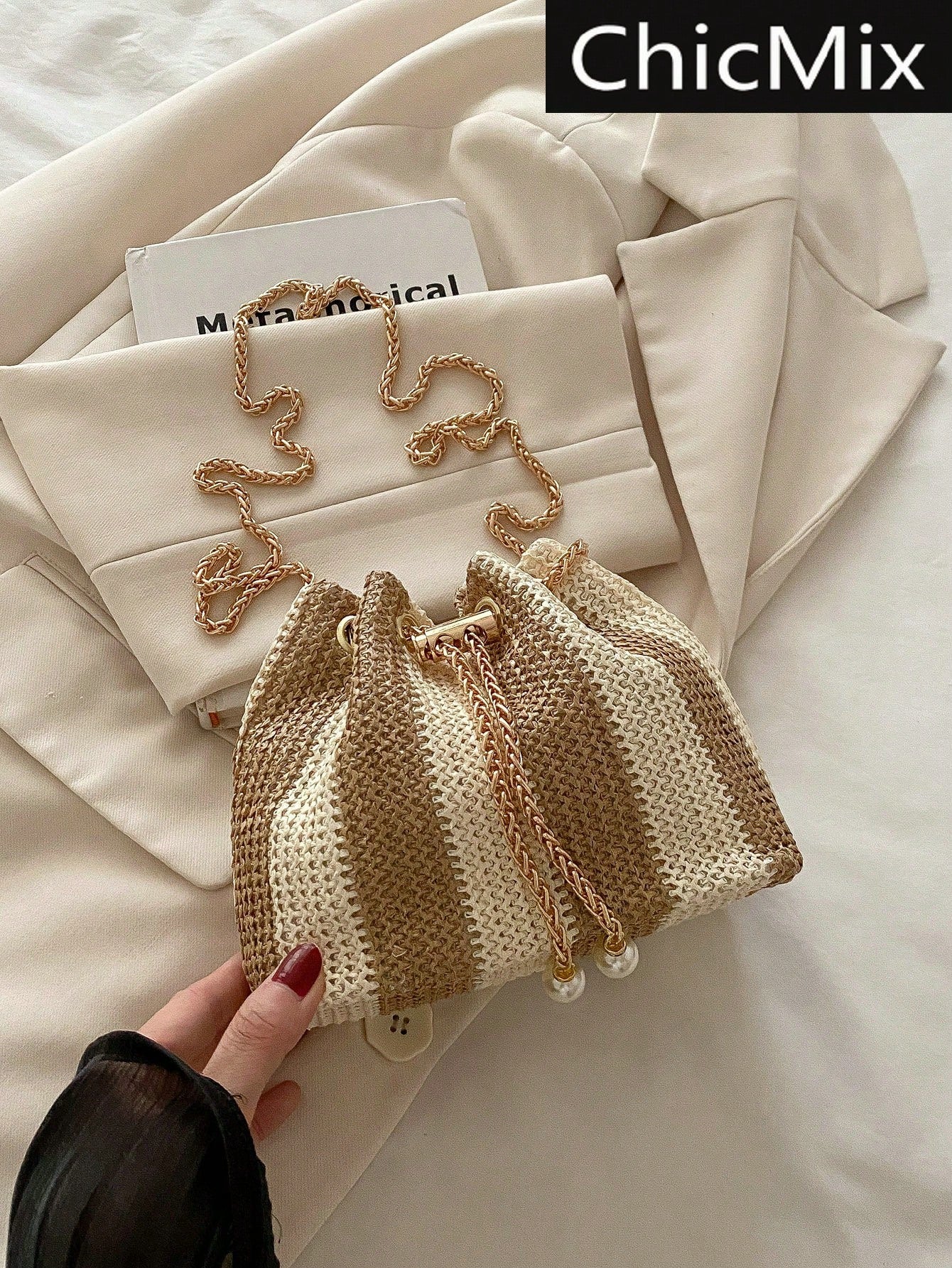 Fashion Solid Color Hollow Out Woven Chain Drawstring Mini Crossbody Bucket Bag