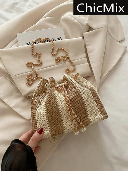 Fashion Solid Color Hollow Out Woven Chain Drawstring Mini Crossbody Bucket Bag