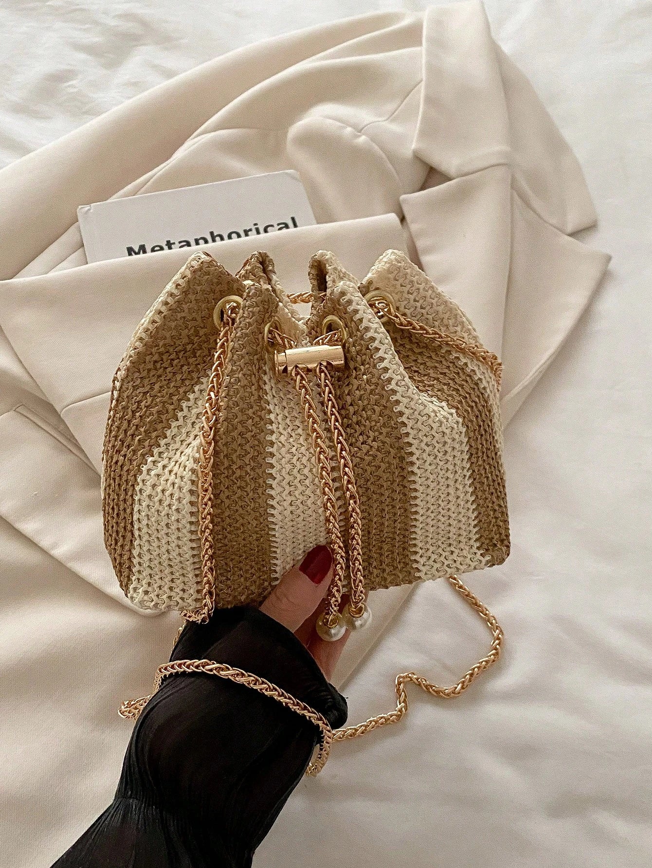 Fashion Solid Color Hollow Out Woven Chain Drawstring Mini Crossbody Bucket Bag