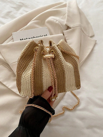 Fashion Solid Color Hollow Out Woven Chain Drawstring Mini Crossbody Bucket Bag