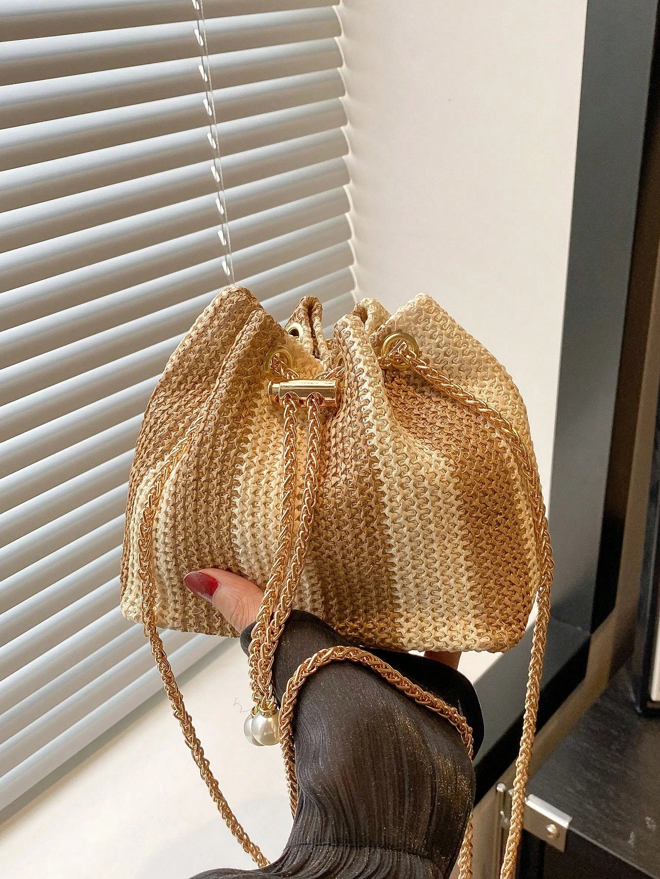 Fashion Solid Color Hollow Out Woven Chain Drawstring Mini Crossbody Bucket Bag