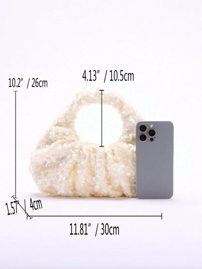 2024 Spring New Arrival Women Handbag, One Piece Of Solid Color Pearl Glossy PU Cloud Bag, Fashionable And Concise Stitching Design With Elegant Elegant For Lady, Foldable And Wrinkled Bag Style.