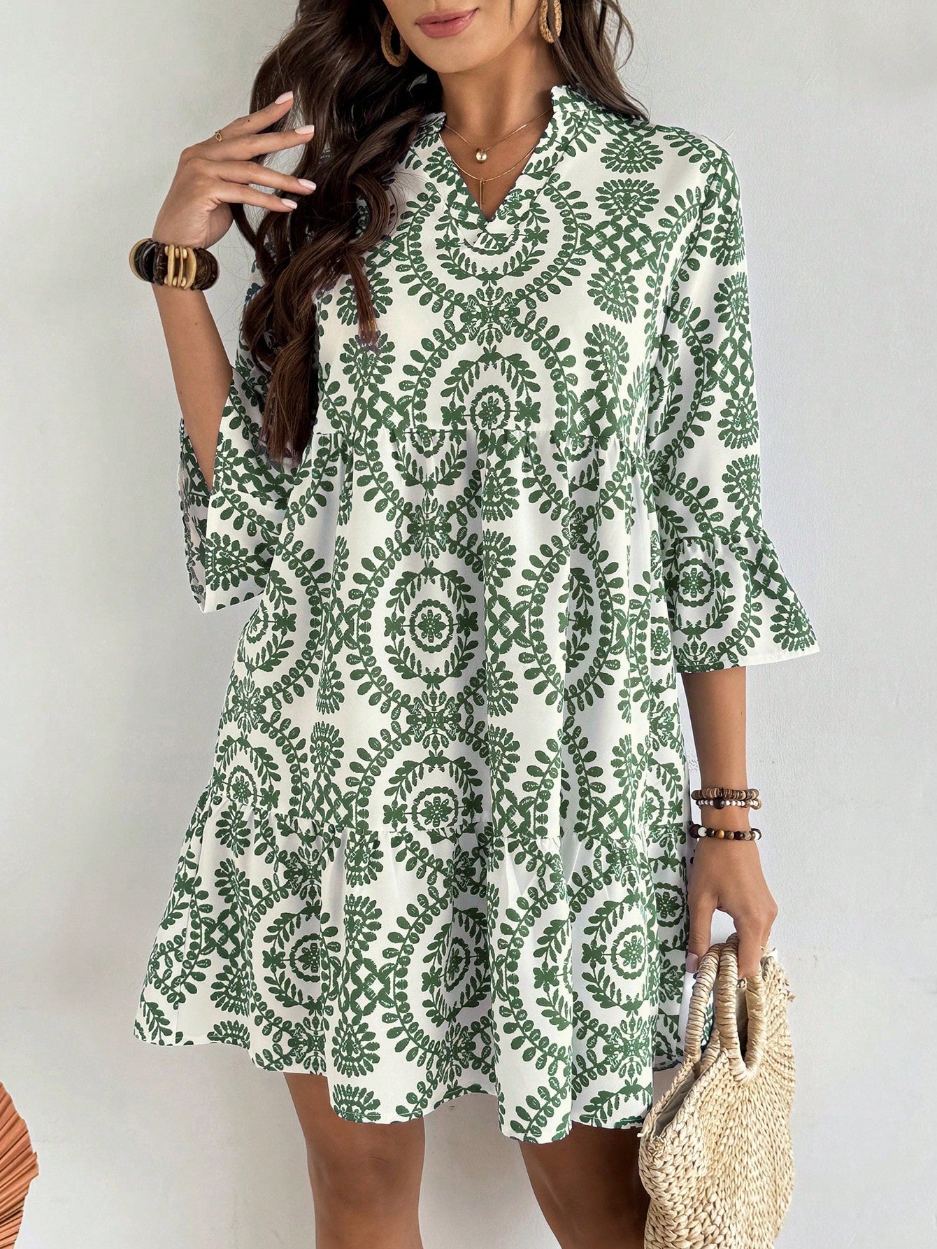 EMERY ROSE Women's Floral Print Cutout V-Neck Ruffled Hem Long Sleeve Mini Dress,Summer Dresses For Women