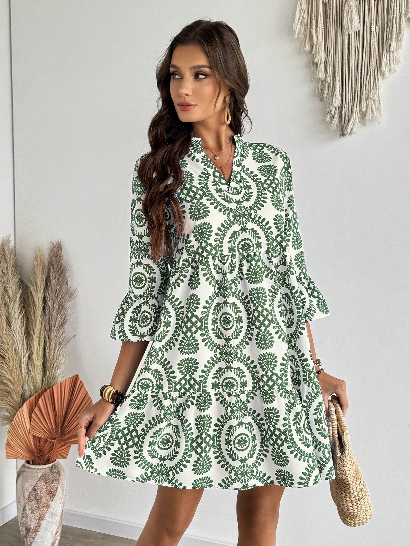 EMERY ROSE Women's Floral Print Cutout V-Neck Ruffled Hem Long Sleeve Mini Dress,Summer Dresses For Women