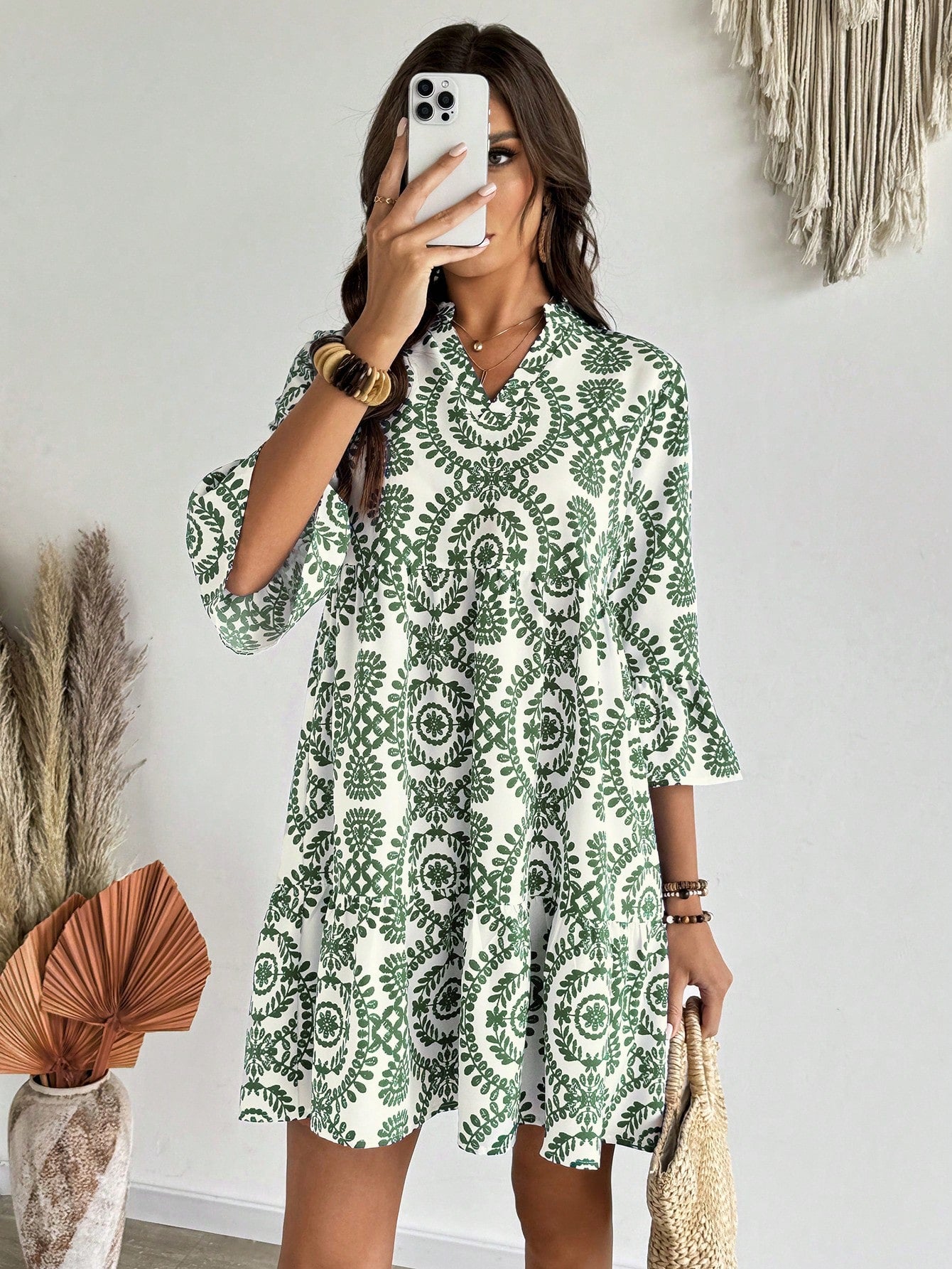 EMERY ROSE Women's Floral Print Cutout V-Neck Ruffled Hem Long Sleeve Mini Dress,Summer Dresses For Women