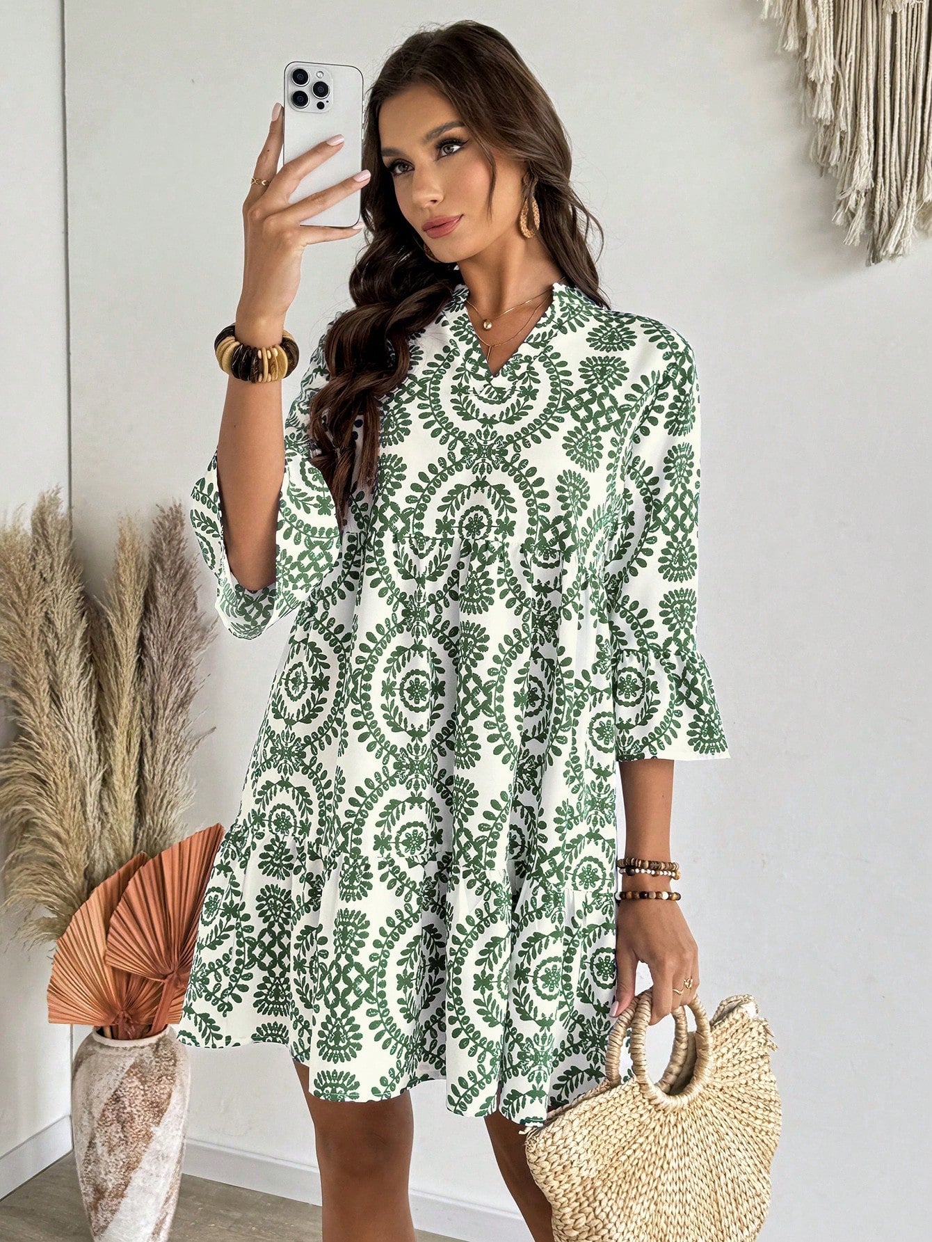 EMERY ROSE Women's Floral Print Cutout V-Neck Ruffled Hem Long Sleeve Mini Dress,Summer Dresses For Women