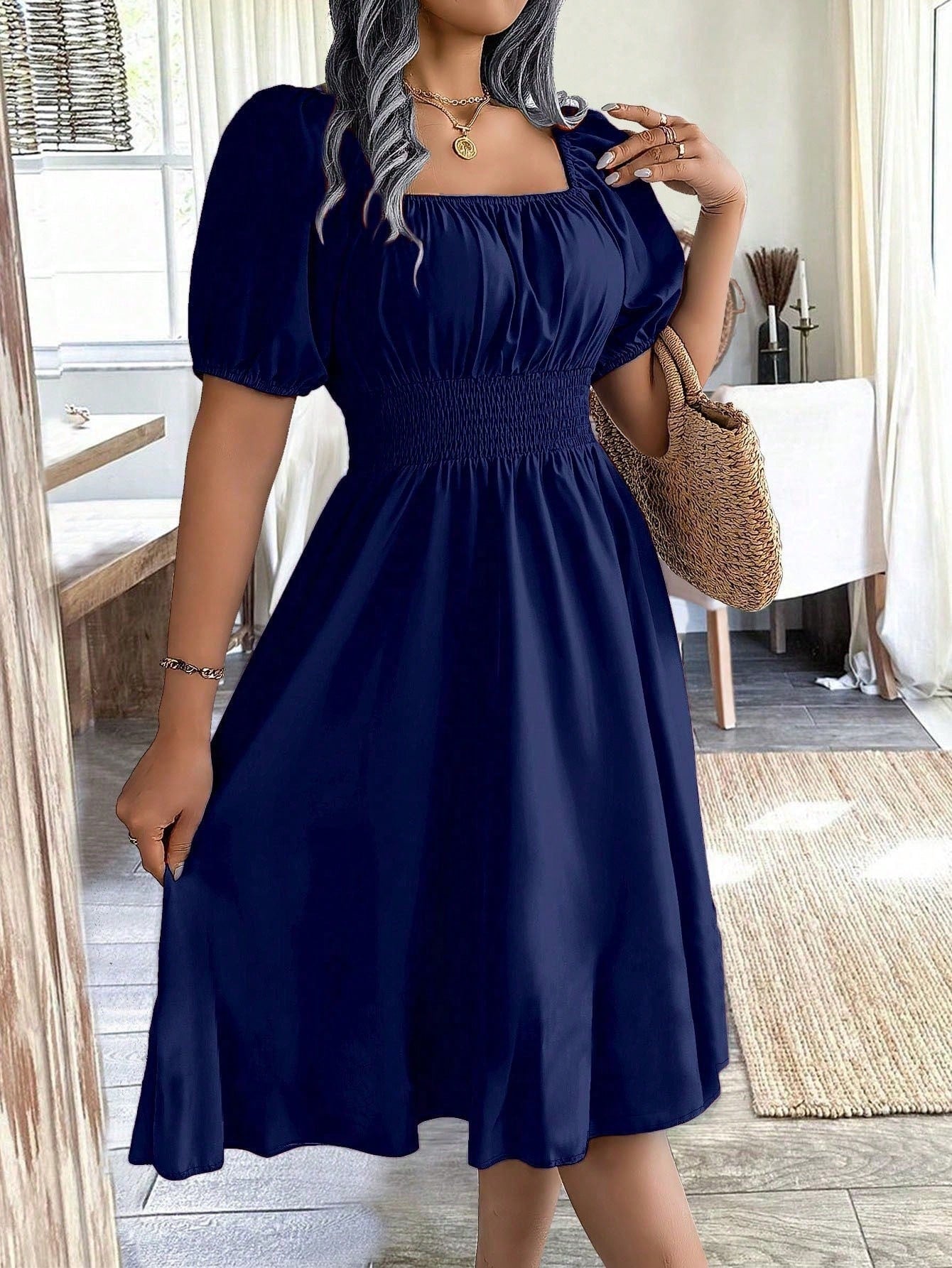 Women Square Collar Puff Sleeve Cinched Waist Palazzo Green Dress, Spring/Summer