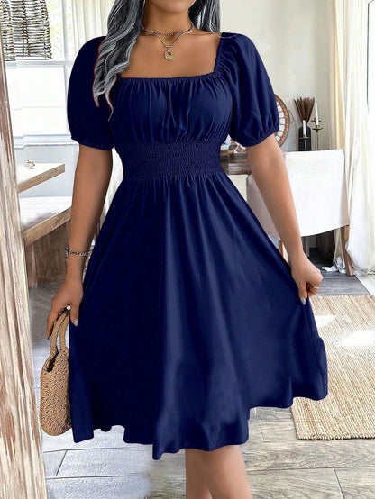 Chiquease 1pc Women Square Collar Puff Sleeve Cinched Waist Palazzo Green Dress, Spring/Summer