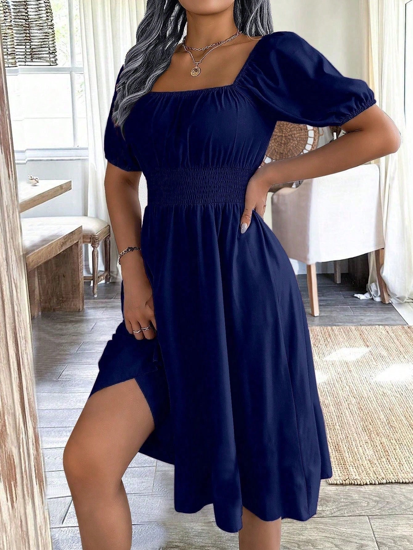 Chiquease 1pc Women Square Collar Puff Sleeve Cinched Waist Palazzo Green Dress, Spring/Summer