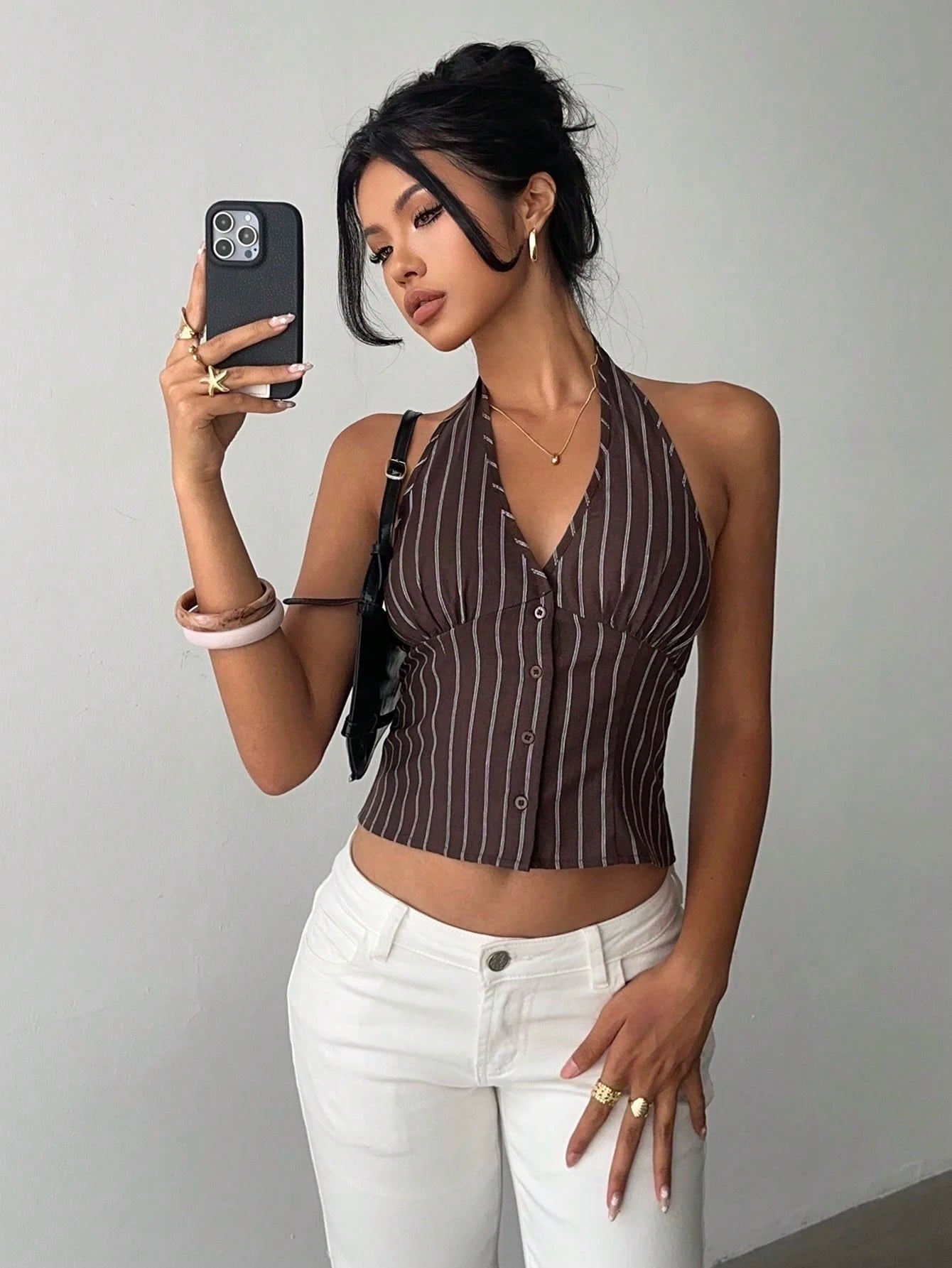 Aloruh Women Cotton Striped Stand Collar Single-Breasted Vest Thin Blazer