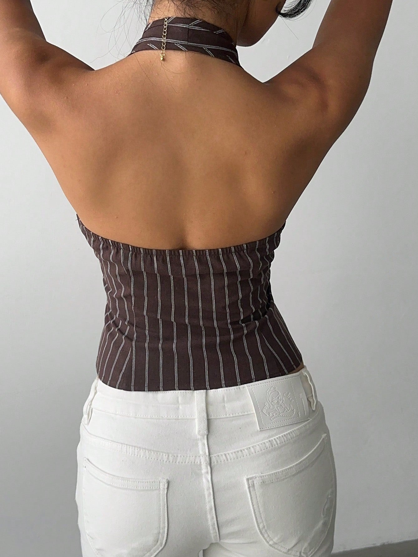 Aloruh Women Cotton Striped Stand Collar Single-Breasted Vest Thin Blazer