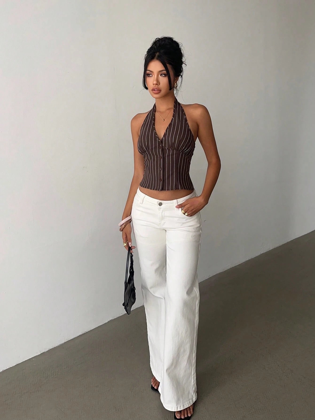 Aloruh Women Cotton Striped Stand Collar Single-Breasted Vest Thin Blazer