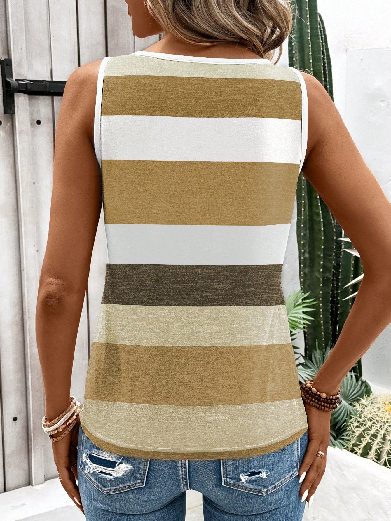 EMERY ROSE Women's Fashion Casual Striped Print O-Ring Sleeveless Tank Top