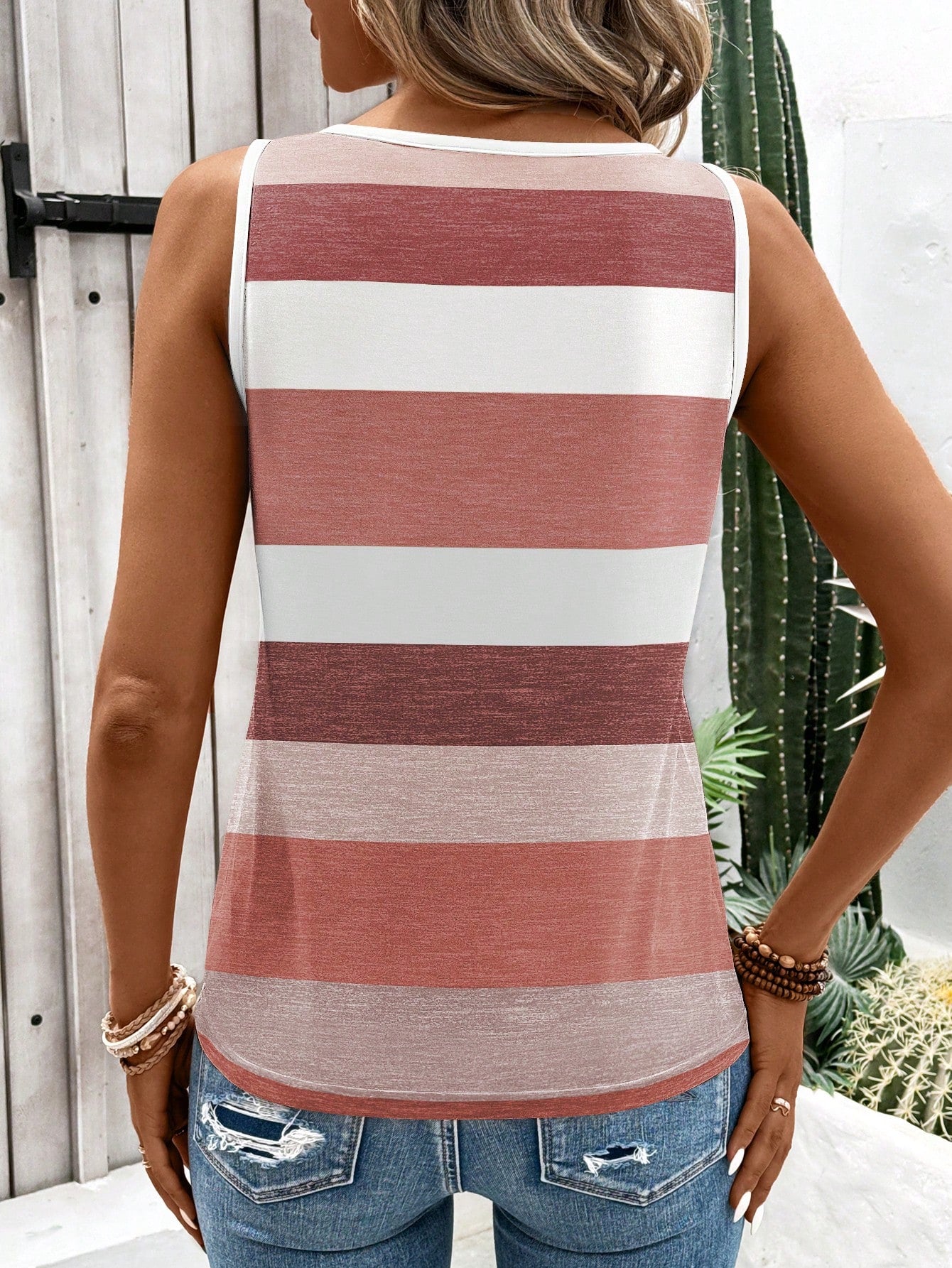 EMERY ROSE Women's Fashion Casual Striped Print O-Ring Sleeveless Tank Top