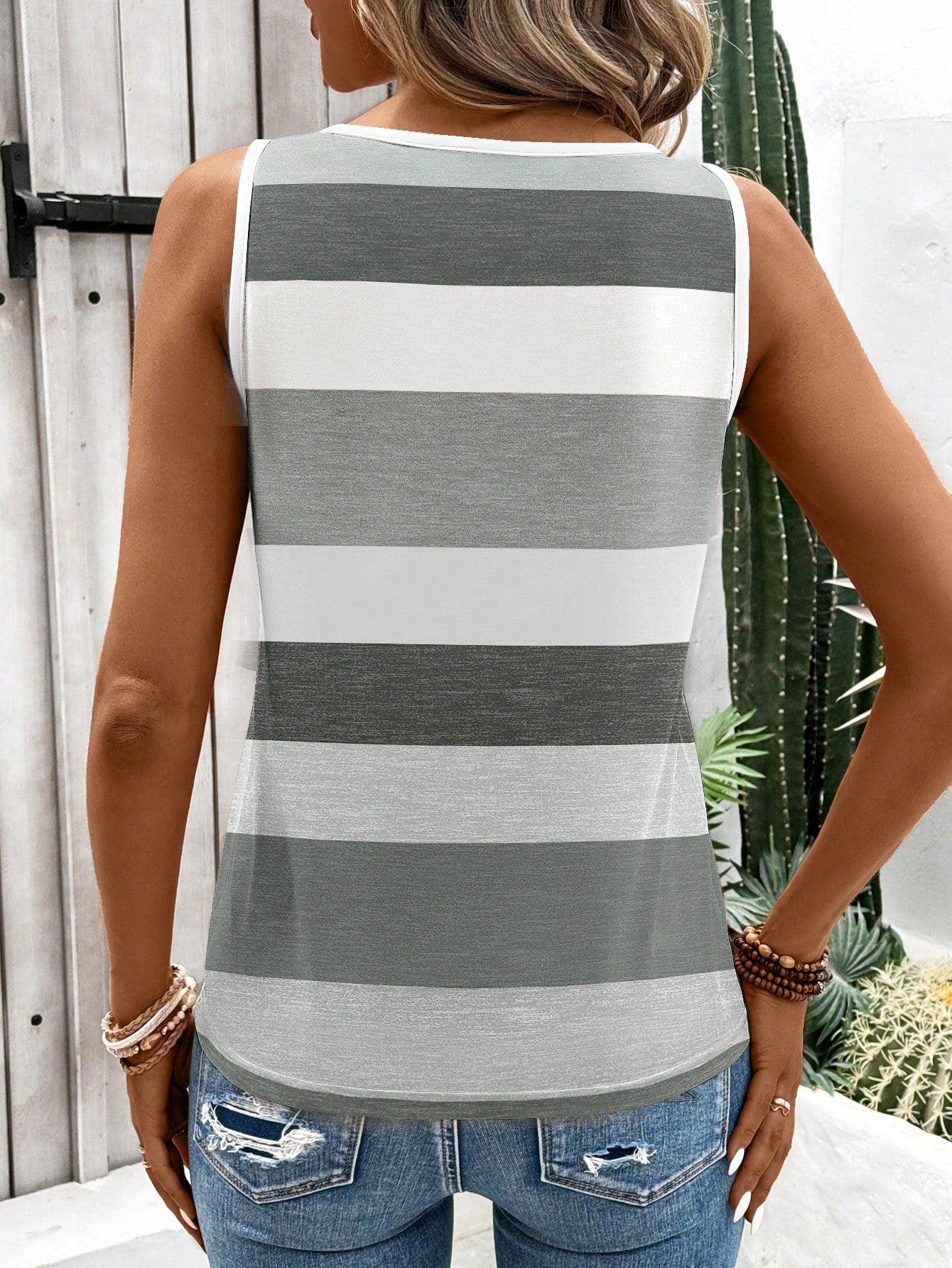 EMERY ROSE Women's Fashion Casual Striped Print O-Ring Sleeveless Tank Top