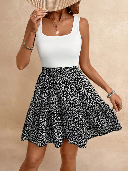 SHEIN Frenchy Summer Vacation Ladies' Floral Pattern Sleeveless A Line Waist-Cinching Dress