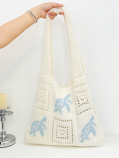 Summer New Style Lady Daily Use Lightweight Tote Bags Sea Turtle Pattern Hollowed Out Knitted Crochet Beach Shopping Bags,Summer Bag,Holiday,Vacation, Perfectly Matching With Crochet Set