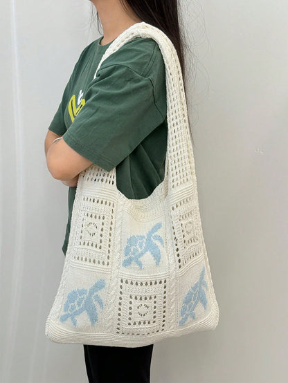 Summer New Style Lady Daily Use Lightweight Tote Bags Sea Turtle Pattern Hollowed Out Knitted Crochet Beach Shopping Bags,Summer Bag,Holiday,Vacation, Perfectly Matching With Crochet Set