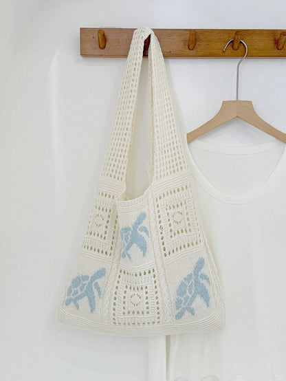 Summer New Style Lady Daily Use Lightweight Tote Bags Sea Turtle Pattern Hollowed Out Knitted Crochet Beach Shopping Bags,Summer Bag,Holiday,Vacation, Perfectly Matching With Crochet Set