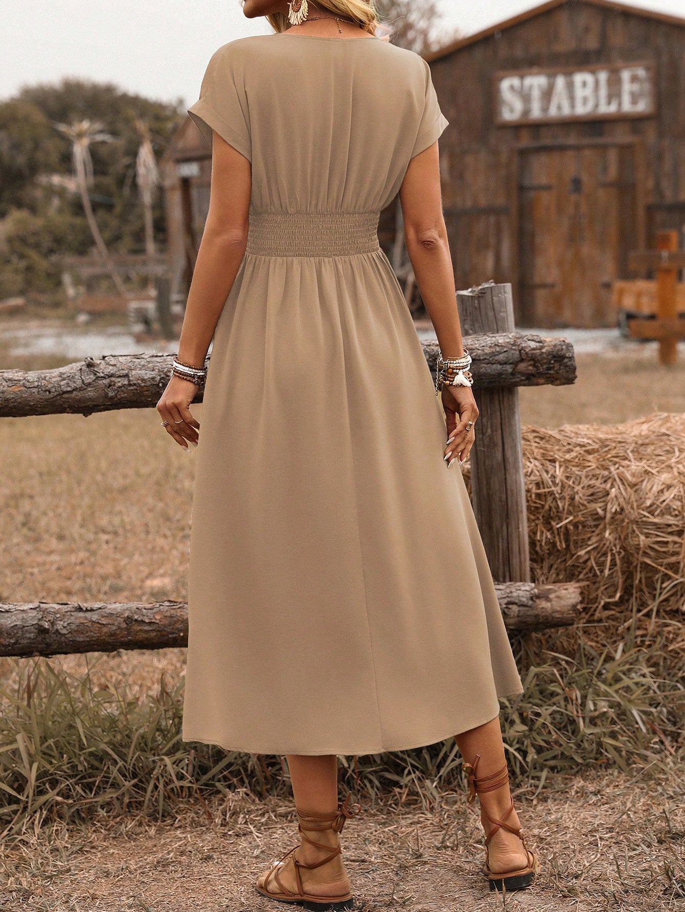 SHEIN Clasi Women's Spring/Summer Western Bohemian Style Casual Shirred Waist Cinched Criss-Cross Twisted Back Dropped Shoulder Flared Sleeve Midi Dress