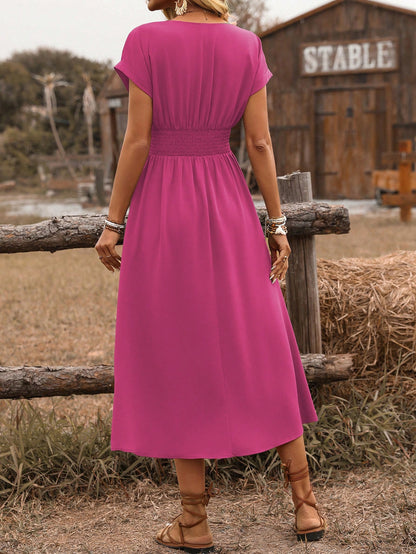 SHEIN Clasi Women's Spring/Summer Western Bohemian Style Casual Shirred Waist Cinched Criss-Cross Twisted Back Dropped Shoulder Flared Sleeve Midi Dress