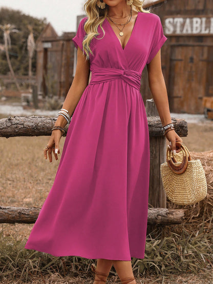 SHEIN Clasi Women's Spring/Summer Western Bohemian Style Casual Shirred Waist Cinched Criss-Cross Twisted Back Dropped Shoulder Flared Sleeve Midi Dress