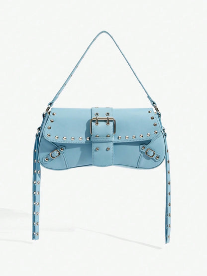 SHEIN X Lucía Bellido SHEIN SXY Fashionable Black Stud Shoulder Bag For Women, Versatile, Shopping Bag, Cool, Street Bag, Teenagers