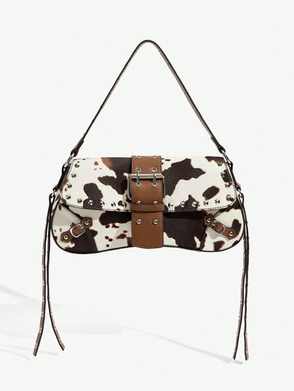 SHEIN X Lucía Bellido SHEIN SXY Fashionable Black Stud Shoulder Bag For Women, Versatile, Shopping Bag, Cool, Street Bag, Teenagers