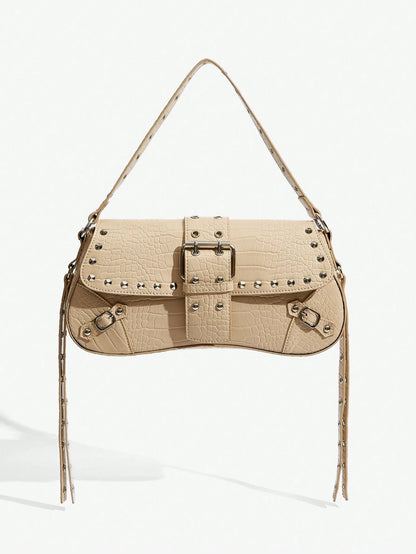 SHEIN X Lucía Bellido SHEIN SXY Fashionable Black Stud Shoulder Bag For Women, Versatile, Shopping Bag, Cool, Street Bag, Teenagers