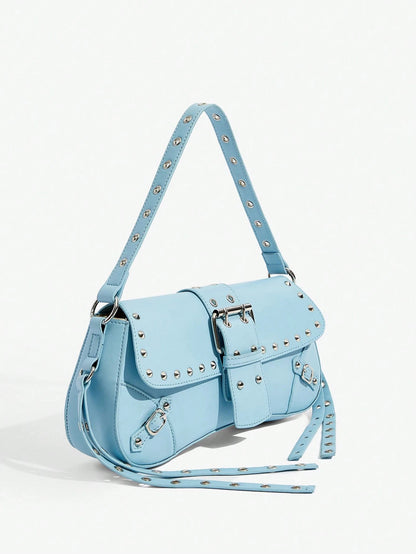 SHEIN X Lucía Bellido SHEIN SXY Fashionable Black Stud Shoulder Bag For Women, Versatile, Shopping Bag, Cool, Street Bag, Teenagers