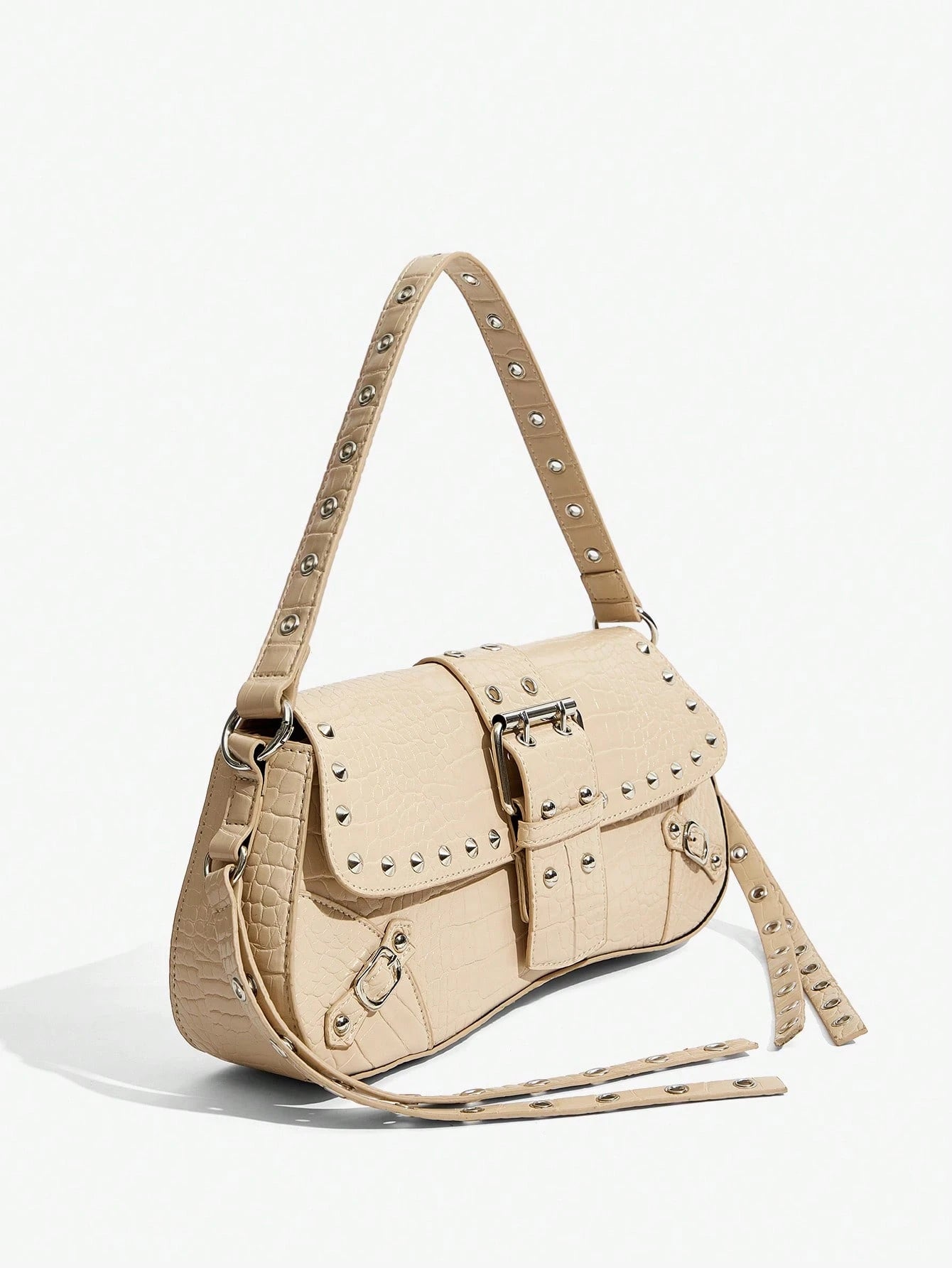 SHEIN X Lucía Bellido SHEIN SXY Fashionable Black Stud Shoulder Bag For Women, Versatile, Shopping Bag, Cool, Street Bag, Teenagers