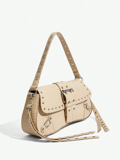 SHEIN X Lucía Bellido SHEIN SXY Fashionable Black Stud Shoulder Bag For Women, Versatile, Shopping Bag, Cool, Street Bag, Teenagers