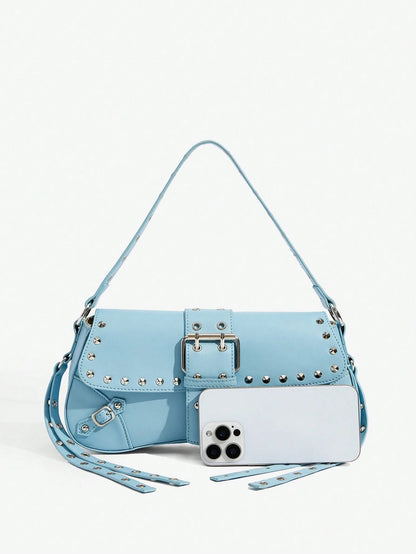 SHEIN X Lucía Bellido SHEIN SXY Fashionable Black Stud Shoulder Bag For Women, Versatile, Shopping Bag, Cool, Street Bag, Teenagers