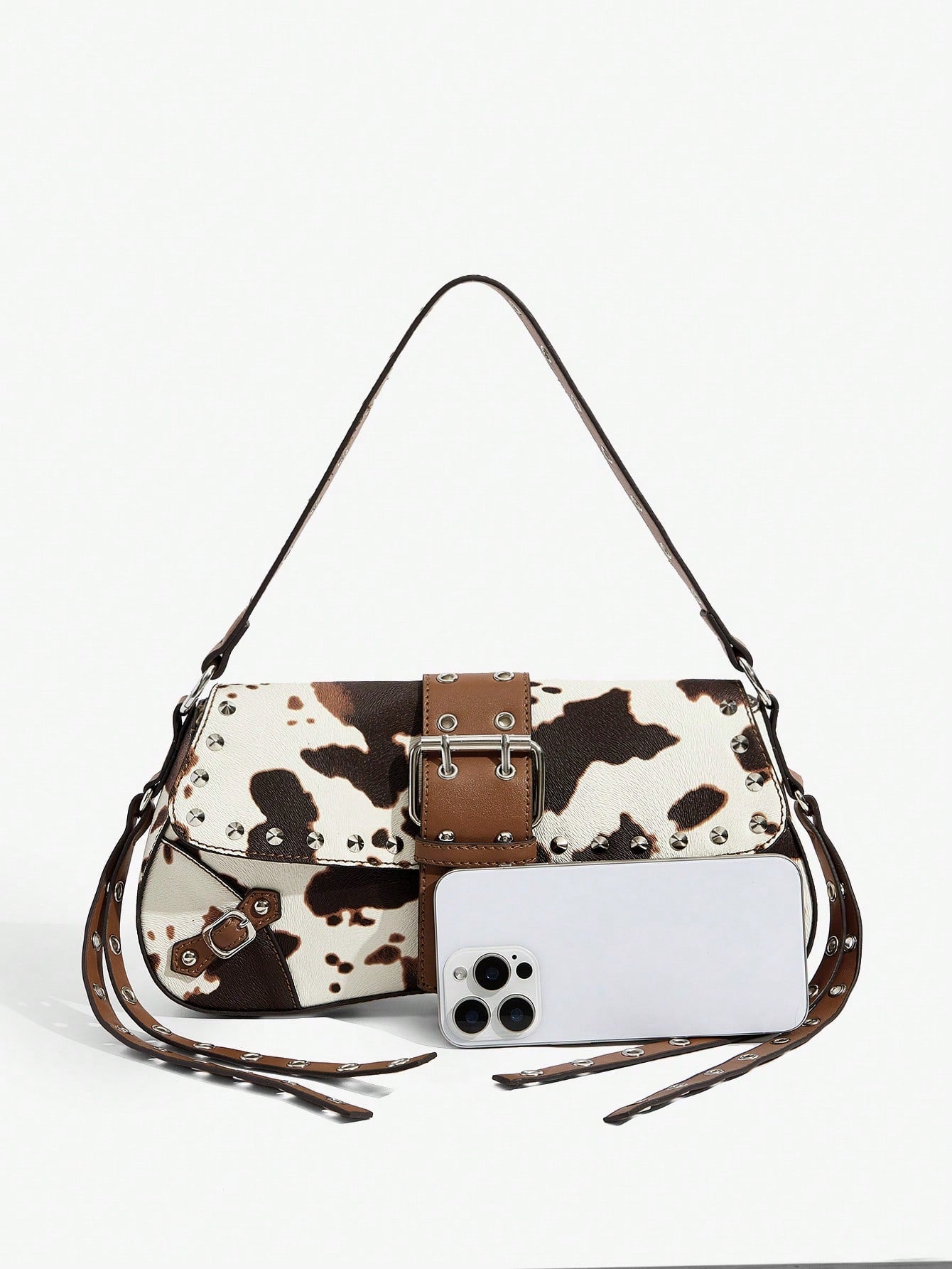 SHEIN X Lucía Bellido SHEIN SXY Fashionable Black Stud Shoulder Bag For Women, Versatile, Shopping Bag, Cool, Street Bag, Teenagers