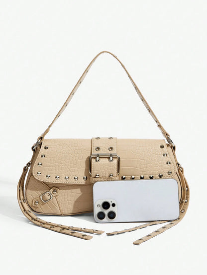 SHEIN X Lucía Bellido SHEIN SXY Fashionable Black Stud Shoulder Bag For Women, Versatile, Shopping Bag, Cool, Street Bag, Teenagers