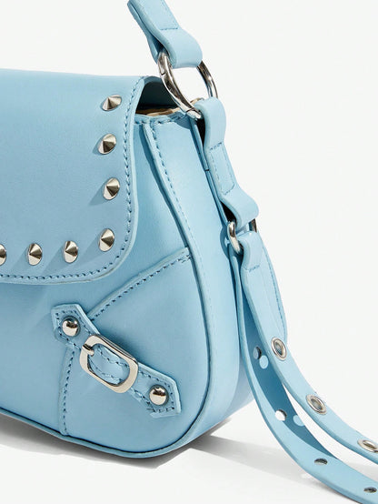 SHEIN X Lucía Bellido SHEIN SXY Fashionable Black Stud Shoulder Bag For Women, Versatile, Shopping Bag, Cool, Street Bag, Teenagers